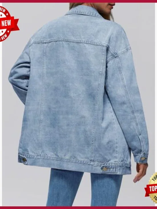 Oversized Denim Jacket, Boyfriend Fit, Cotton, Distressed Details, Chest Pockets - Picture 4 of 5